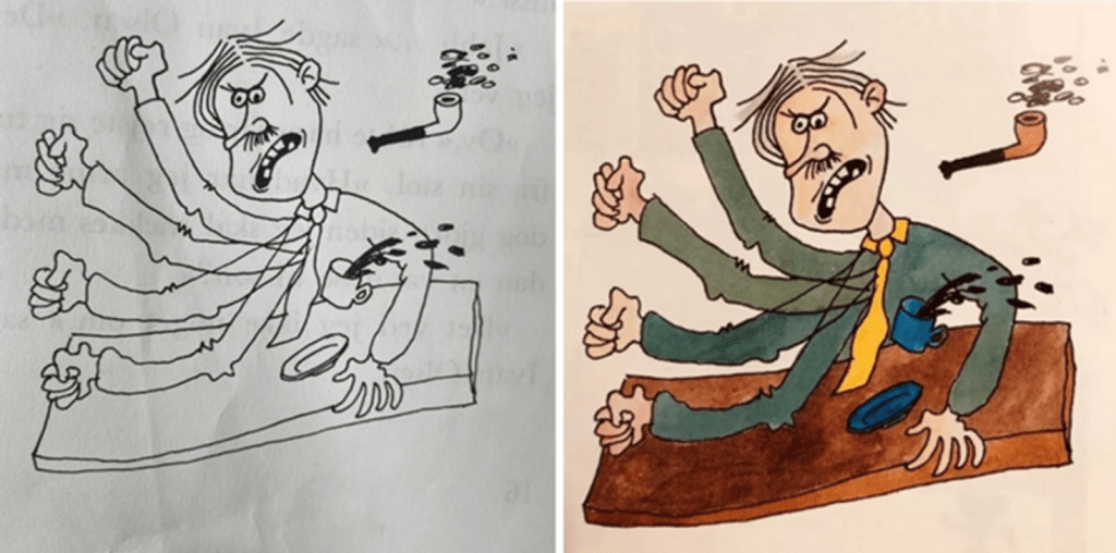 Illustration af en vred mand, Ivan Olsens far fra "Gummi Tarzan", med flere arme, der rækker op med næverne i raseri, mens han sidder ved et skrivebord med en kaffekop og en pipetegning.